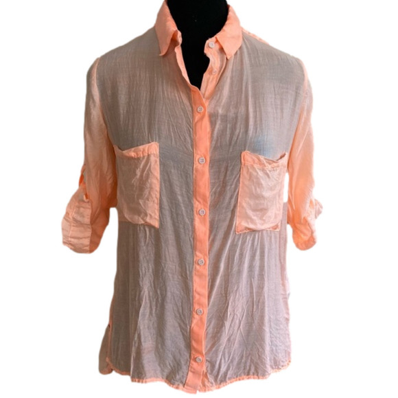 BERSHKA Sunny Days & Me neon orange sheer button down silk blend shirt. Size M - Picture 1 of 7